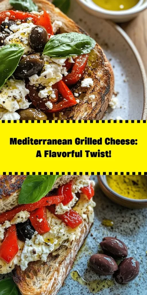 Elevate your lunch with this Mediterranean Grilled Cheese Delight! This delicious twist on a classic features layers of creamy feta, melty mozzarella, and vibrant roasted red peppers, complemented by kalamata olives and sun-dried tomatoes. Perfectly grilled on sourdough bread, each bite is a savory adventure. Quick to prepare in just 20 minutes, this recipe serves two and is ideal for a quick meal or a cozy afternoon snack. Enjoy with a side of olive oil for an extra kick!