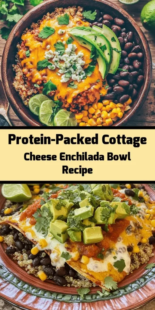 Savor the flavors of this High Protein Cottage Cheese Enchilada Bowl! Loaded with wholesome ingredients like quinoa, black beans, and cottage cheese, this recipe is both nutritious and delicious. Perfect for a filling meal, it's layered with fresh veggies, topped with creamy avocado and cheese, and can be baked for an extra touch. Ready in just 35 minutes, it's a great option for meal prep or a quick snack. Garnish with cilantro and serve with lime for a zesty finish!