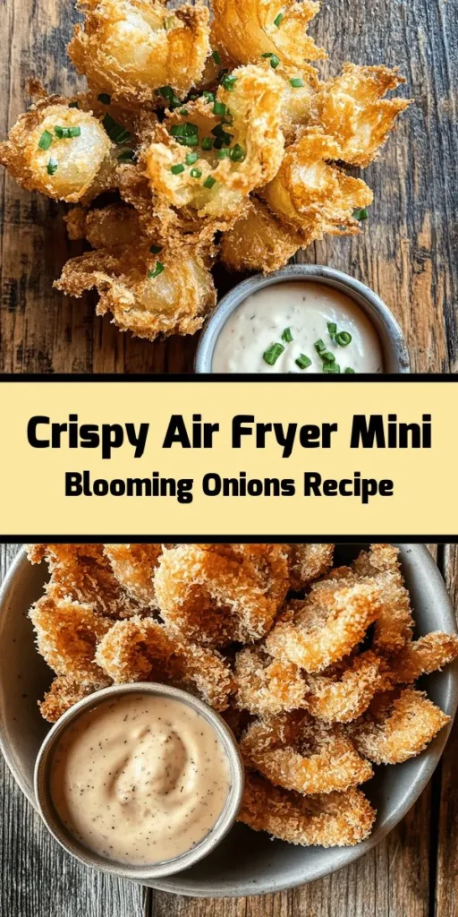 Get ready to impress with these Crispy Mini Blooming Onions made in the air fryer! Perfectly tender onions are soaked in buttermilk, then coated in a flavorful mix of flour and Panko breadcrumbs for that extra crunch. Seasoned with garlic, onion powder, and a touch of cayenne for heat, these bite-sized delights are air-fried to golden perfection. Serve them up with your favorite dipping sauce for an irresistible appetizer or snack. Enjoy this easy, flavorful recipe!