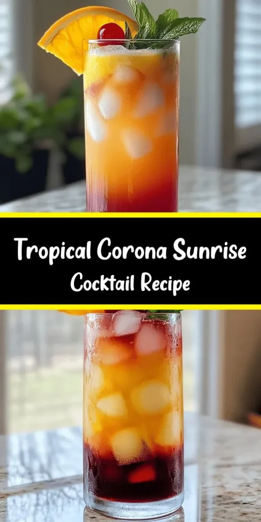 Brighten your day with a refreshing Corona Sunrise! This vibrant drink combines freshly squeezed orange juice, coconut water, and pineapple juice for a tropical flavor explosion. The gorgeous layered effect from grenadine syrup and the fizzy club soda make it a feast for the eyes, too! Garnish with an orange slice, maraschino cherry, and mint for that perfect touch. Easy to make in just 10 minutes, it’s the ideal refreshment for any occasion!