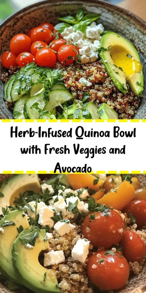 Elevate your meal prep with this Savory Herb Quinoa Bowl! Packed with protein and fresh flavors, this colorful dish features fluffy quinoa, juicy cherry tomatoes, crunchy cucumbers, and creamy avocado. Tossed in a zesty olive oil and lemon dressing, it’s perfect as a light lunch or healthy dinner. Top with crumbled feta for an extra layer of flavor. Quick to prepare and refreshing, this recipe serves four and can be made in just 30 minutes!