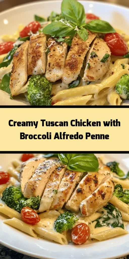 Get ready to indulge in this delicious Tuscan Chicken with Creamy Broccoli Alfredo Penne! This easy recipe combines perfectly seasoned chicken, fresh spinach, and cherry tomatoes, all enveloped in a rich, creamy Alfredo sauce. With tender penne and crisp broccoli, this dish is comforting and satisfying. Perfect for a weeknight dinner or any special occasion, it's sure to impress! Dive in and savor every bite!
