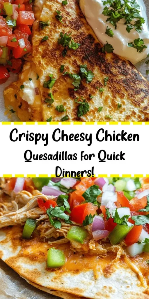 Enjoy a delicious twist on taco night with this Crispy Cheesy Chicken Quesadilla! Perfect for a weeknight dinner or a fun appetizer, this recipe combines shredded rotisserie chicken, creamy cheeses, and colorful bell peppers for a burst of flavor. Ready in just 30 minutes, these golden, crispy quesadillas are easy to make and serve with your favorite sides like sour cream, salsa, or guacamole. A crowd-pleaser that everyone will love!