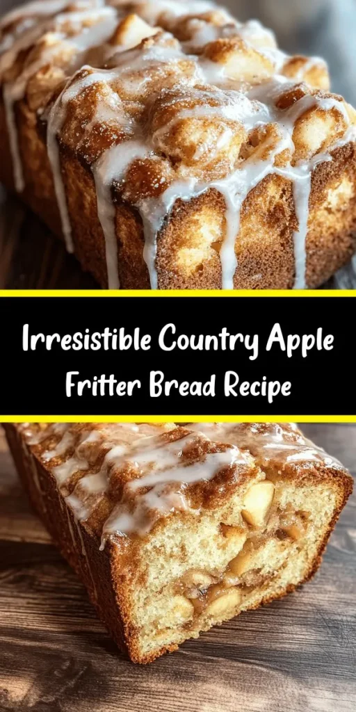 Indulge in the warm, cozy flavors of Country Apple Fritter Bread! This delicious recipe combines diced apples, a hint of cinnamon, and a sweet cinnamon-sugar swirl, all topped with a lovely glaze. Perfect for breakfast or as a snack, it's easy to make and yields 10 scrumptious slices. Just mix, layer, and bake for a delightful treat that will fill your kitchen with inviting aromas. Enjoy the taste of fall any time of year!