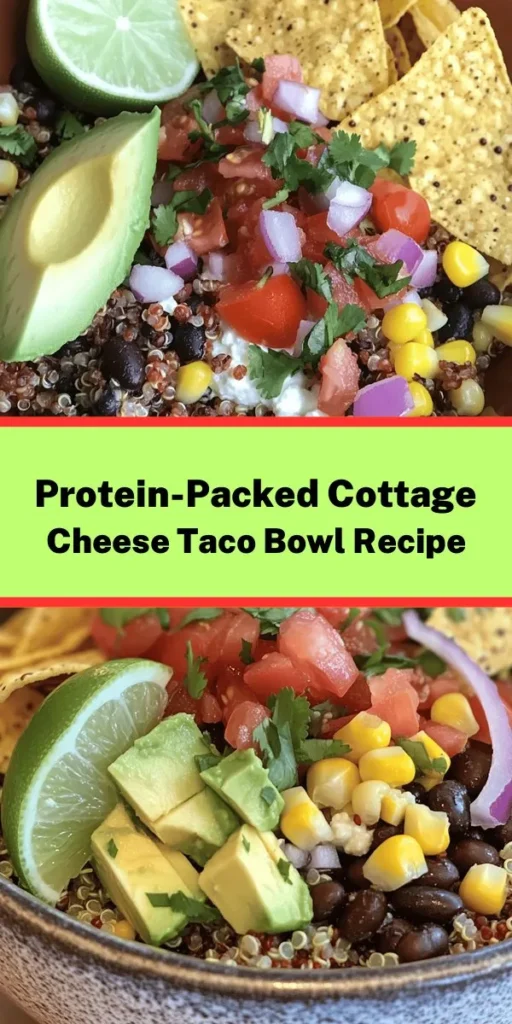 Looking for a quick and nutritious meal? Try this Easy Cottage Cheese Taco Bowl! Packed with protein from cottage cheese and nutritious grains like quinoa or brown rice, this colorful bowl features black beans, tomatoes, corn, and avocado for a satisfying bite. Seasoned with lime, cilantro, and spices, it's perfect for lunch or dinner. Top with tortilla chips for a crunchy finish. Ready in just 15 minutes, enjoy a delicious and healthy meal that’s easy to whip up!