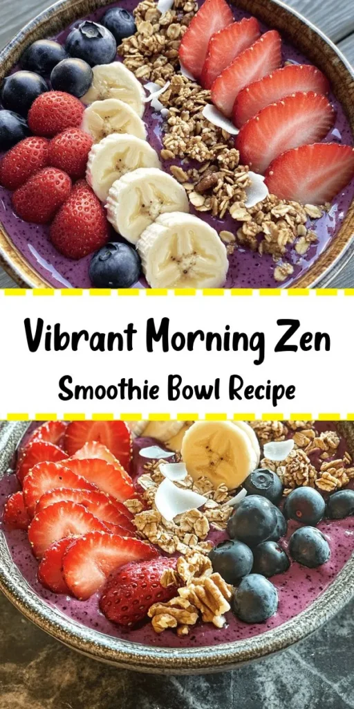 Start your day with a burst of freshness using this Morning Zen Smoothie Bowl! Packed with spinach, frozen fruits, and creamy almond butter, it's nutritious and delicious. Blend together your ingredients, pour into a bowl, and top with fresh fruits, granola, and nuts for that perfect crunch. This 10-minute breakfast is not only easy to make, but it also looks stunning and is sure to energize your morning routine. Enjoy a colorful and healthy start to your day!