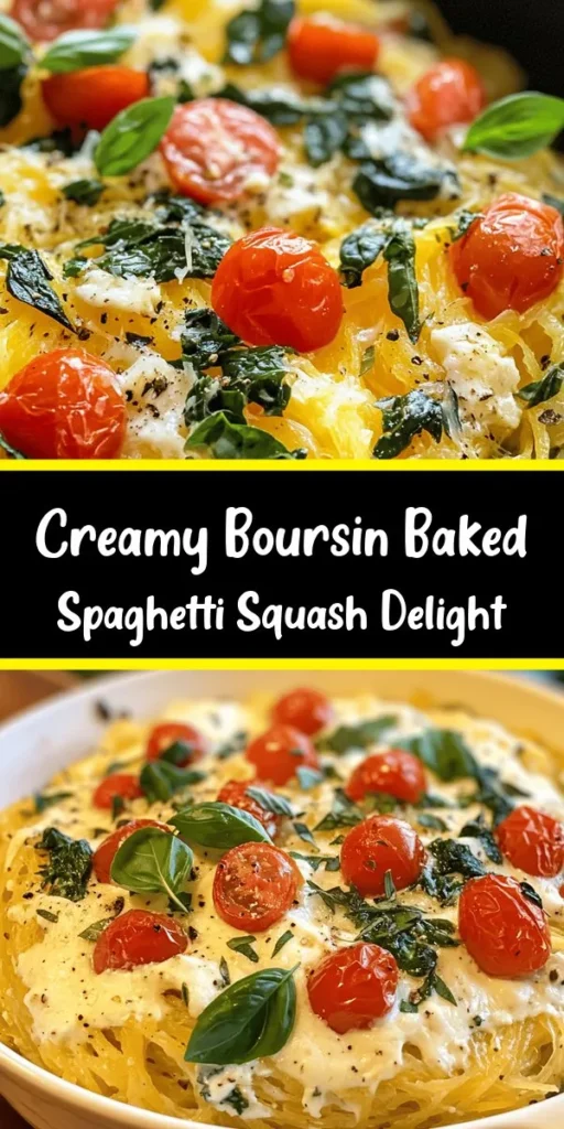 Elevate your dinner game with this delicious Baked Boursin Spaghetti Squash! This dish combines the rich flavors of garlic and herb Boursin cheese with fresh spinach and cherry tomatoes, all wrapped up in tender spaghetti squash. Perfect for a healthy weeknight meal or cozy weekend gathering, it's easy to make and packed with flavor. Top it off with fresh basil and Parmesan for the ultimate comfort food experience! Enjoy this delightful recipe in just an hour.