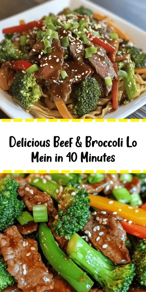 Bring the taste of takeout home with this delicious Savory Beef & Broccoli Lo Mein! Featuring tender flank steak, crisp broccoli, and vibrant bell peppers, this stir-fry is bursting with flavor thanks to a savory sauce made from soy sauce, oyster sauce, and hoisin. Ready in just 40 minutes, it's perfect for a quick weeknight dinner. Garnish with fresh green onions and sesame seeds for the ultimate finish. Your family will love this satisfying meal!