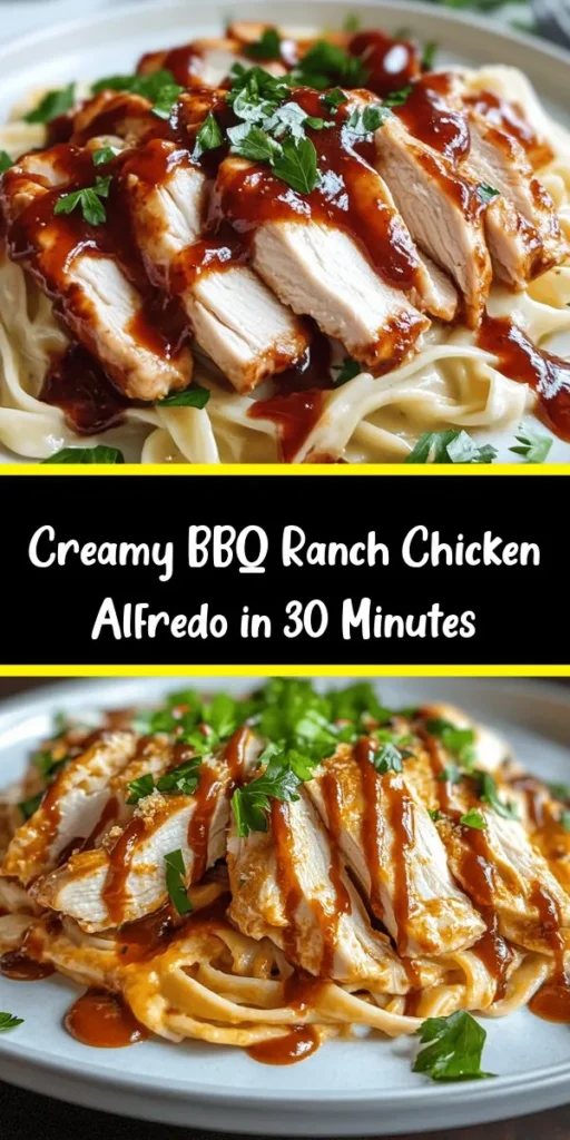 Indulge in the mouthwatering flavors of Creamy Cheddar BBQ Ranch Chicken Alfredo! This comforting dish combines tender chicken, rich fettuccine pasta, and a decadent sauce made with heavy cream, cheddar cheese, BBQ sauce, and ranch dressing. Ready in just 30 minutes, it's perfect for weeknight dinners or special occasions. Top it with grated Parmesan and fresh parsley for a delicious finish. Your family will love this creamy, flavorful dish!