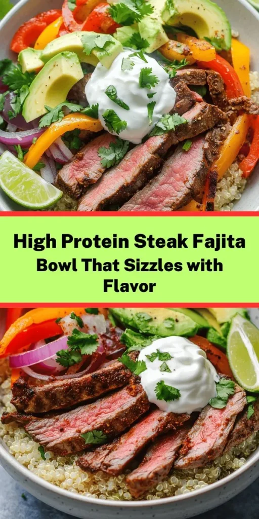 Dive into this delicious Sizzling High Protein Steak Fajita Bowl! Packed with flavor and nutrients, this dish features marinated flank steak, sautéed bell peppers, and onions over a base of hearty brown rice or quinoa. Topped with creamy avocado and a dollop of Greek yogurt, it's perfect for a quick weeknight dinner or meal prep. Fresh cilantro and lime wedges add the finishing touch. Healthy eating has never been this tasty!