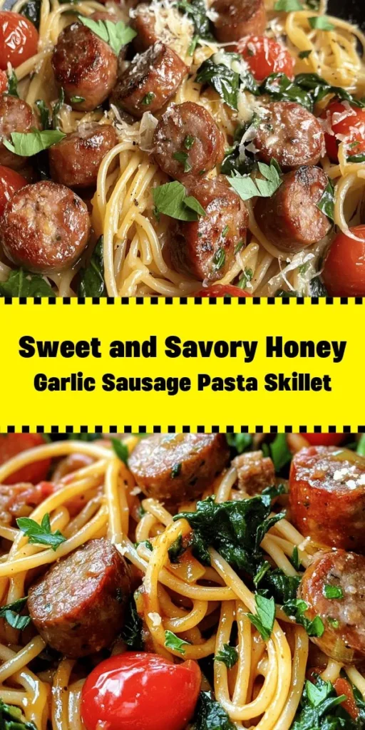Elevate your dinner game with this Sticky Honey Garlic Sausage Pasta Skillet! This delightful recipe combines the savory flavor of Italian sausage with a sweet and tangy honey garlic sauce. Ready in just 30 minutes, it features pasta, cherry tomatoes, and fresh spinach for a complete meal. Perfect for busy weeknights, this dish is sure to impress your family and friends. Don't forget to top it off with grated Parmesan and fresh parsley for that finishing touch!
