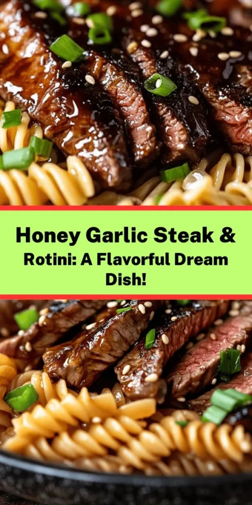 Satisfy your cravings with this Sticky Honey Garlic Steak & Rotini recipe! This dish features tender flank steak marinated in a sweet and savory honey garlic sauce, perfectly paired with al dente rotini pasta. In just over an hour, you can enjoy a complete meal that's bursting with flavor. Garnished with fresh green onions and sesame seeds, it’s a great dinner option for family or entertaining. Who can resist a tasty steak and pasta combo? Try it today!
