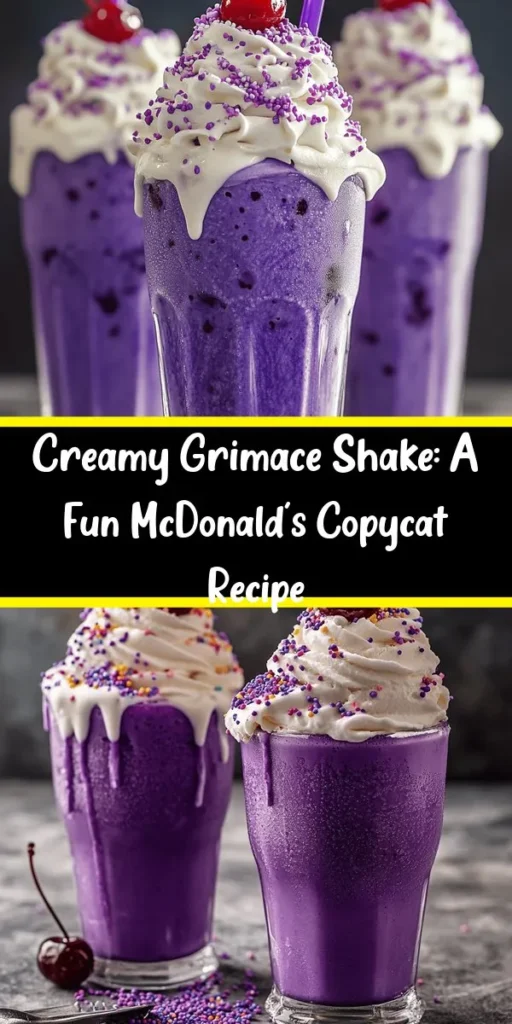 Bring a taste of nostalgia to your home with this homemade McDonald's Grimace Shake recipe! Perfect for hot days or a fun treat, this creamy delight combines vanilla ice cream, grape soda, and a hint of grape jelly for that iconic flavor. Top it off with whipped cream, colorful sprinkles, and a cherry for a delightful finish. In just 10 minutes, you can whip up a frosty shake that’s sure to impress friends and family. Enjoy this sweet journey into creamy delight!