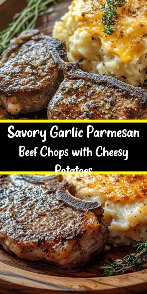 Indulge in a delightful dinner with Garlic Parmesan Beef Chops paired with creamy Cheesy Scalloped Potatoes. This mouthwatering recipe features tender beef chops marinated in a flavorful blend of garlic, Parmesan, and herbs, seared to perfection. The cheesy scalloped potatoes are layered with rich cream and melted cheeses for a comforting side. Perfect for any occasion, this dish is sure to impress family and friends!