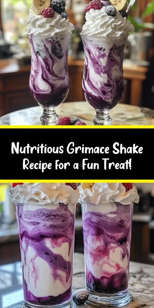 Dive into the fun with this Grimace Shake recipe, perfect for all ages! Made with creamy vanilla yogurt, ripe banana, unsweetened almond milk, and a delicious mix of frozen berries, this shake is both nutritious and delightful. Blend it all up and add a splash of purple food coloring for a vibrant treat. Top it off with whipped cream and fresh fruit for a perfect finish. Enjoy this tasty shake in just 10 minutes!