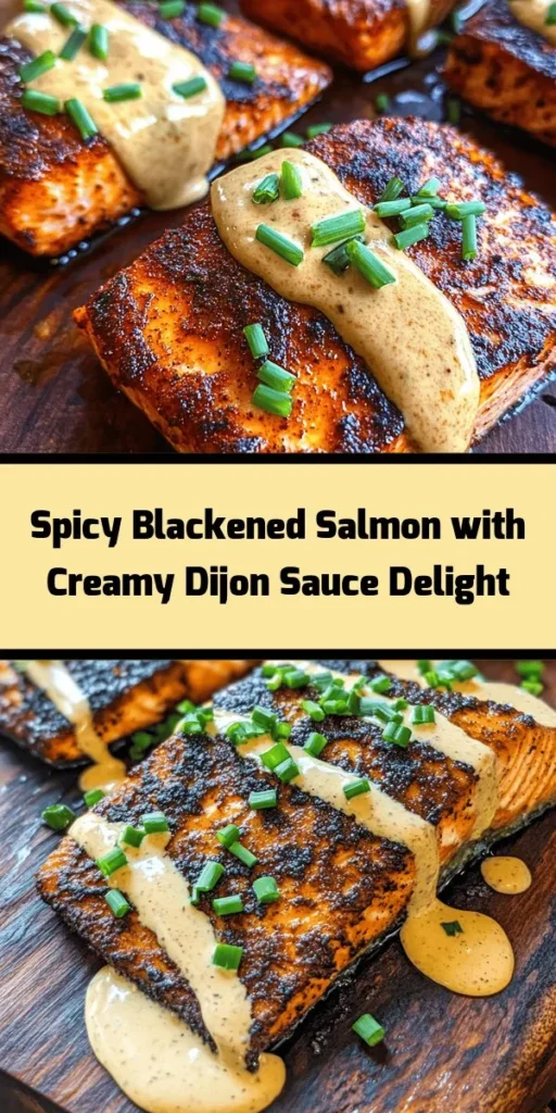Spice up your dinner with this delectable Blackened Salmon with Creamy Dijon Sauce! This easy recipe features juicy salmon fillets coated in a flavorful blend of spices, then seared to perfection. Paired with a rich and creamy Dijon sauce that adds a tangy kick, it's a perfect combination. Quick to prepare in just 25 minutes, this dish is not only delicious but also healthy and satisfying. Serve with your favorite sides for a complete meal. Enjoy!