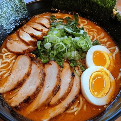 If you're a fan of bold flavors and comforting dishes, then Fiery Chicken Ramen with Creamy Garlic Sauce is about to become your new favorite recipe. This dish beautifully marries the heat of spicy seasonings with the rich, velvety texture of a creamy sauce, creating an unforgettable culinary experience. As you dive into your bowl of ramen, you'll find that the tender pieces of marinated chicken, the umami depth of shiitake mushrooms, and the vibrant freshness of spinach all come together in perfect harmony. This is a dish that not only satisfies your hunger but also tantalizes your taste buds.