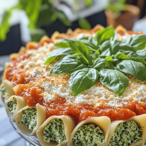 At the heart of this recipe are jumbo pasta shells, which are specifically designed for stuffing. These large, ridged shells provide a perfect vessel for holding the creamy filling while also capturing the delicious marinara sauce that accompanies them. Their unique shape not only adds visual appeal to the dish but also ensures that each bite is packed with flavor. The texture of the jumbo shells is firm enough to hold their shape during cooking, making them ideal for this stuffed shell recipe.