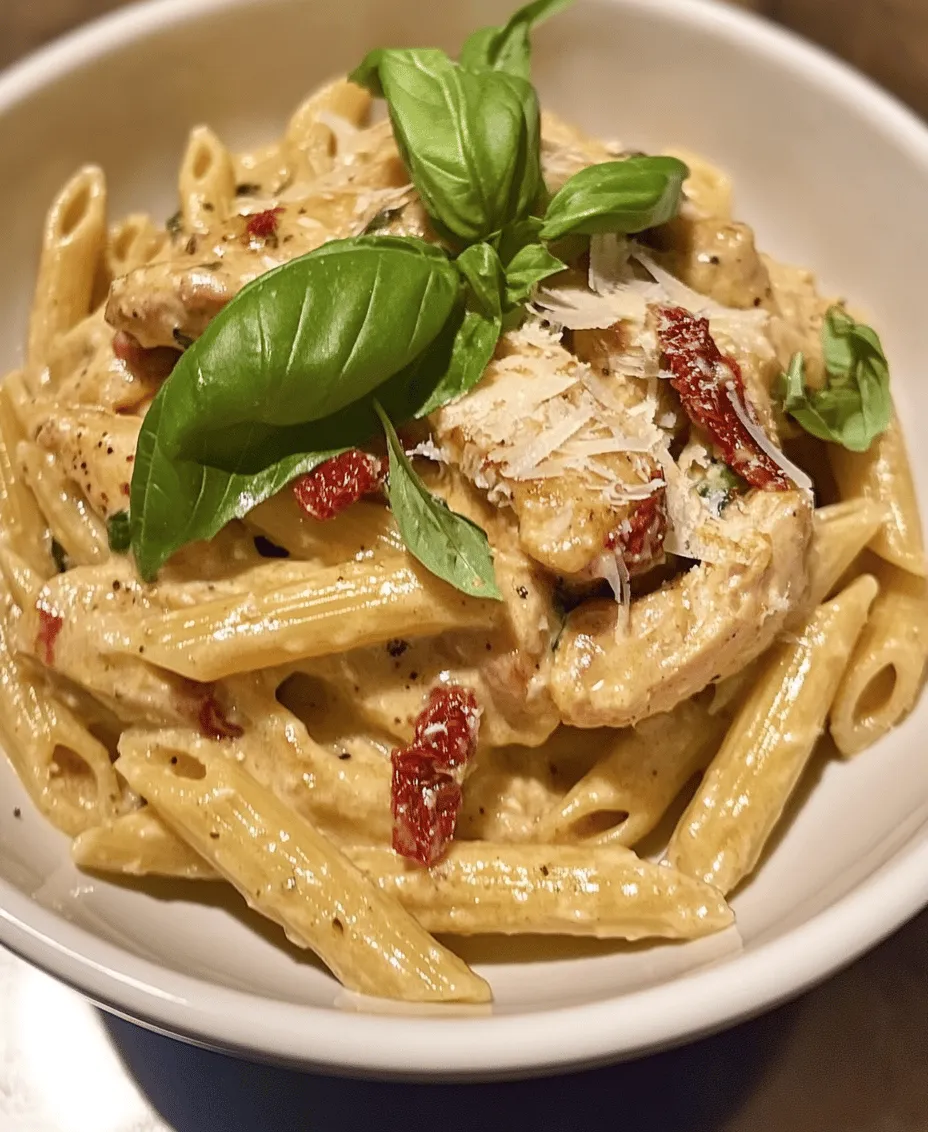 <strong>Penne Pasta</strong>: This tubular pasta shape is an ideal choice for Tuscan Chicken Pasta. Its ridges and hollow center allow the creamy sauce to cling perfectly, ensuring each bite is packed with flavor. Cooking the penne to al dente is crucial, as it provides a satisfying bite and prevents the pasta from becoming mushy when combined with the sauce.” /></p>
</p>
<h3>Bringing It All Together</h3>
</p>
<p>In preparing Tuscan Chicken Pasta, one vital step involves returning the chicken to the skillet. This process allows the flavors to meld beautifully, enhancing the overall taste of the dish. The chicken absorbs the creamy sauce and the essence of the sautéed garlic, spinach, and tomatoes, creating a unified flavor profile that is both rich and satisfying.</p>
</p>
<h4>Combining Pasta and Sauce</h4>
</p>
<p>Once your pasta is cooked al dente, it’s time to bring everything together. The key to successfully combining pasta and sauce lies in a few best practices that ensure an even coating and the perfect creamy consistency.</p>
</p>
<p>1. <strong>Timing is Everything</strong>: Drain the pasta but reserve a cup of the cooking water. This starchy water can act as a thickening agent for your sauce and help it adhere to the pasta better.</p>
</p>
<p>2. <strong>Tossing Method</strong>: Add the drained pasta directly to the skillet with your sauce. Use tongs to gently toss the pasta into the sauce, ensuring every strand is coated. This method prevents the pasta from clumping together and allows for a more even distribution of flavors.</p>
</p>
<p>3. <strong>Adjusting Consistency</strong>: If you find that the sauce is too thick, gradually add some of the reserved pasta water, a tablespoon at a time, while continuing to toss. This will help achieve that desired creamy texture without diluting the flavors.</p>
</p>
<p>4. <strong>Final Touches</strong>: Once the pasta is thoroughly coated and heated through, remove the skillet from the heat. Stir in any remaining cheese, allowing it to melt and create a luscious, creamy sauce that clings to the pasta.</p>
</p>
<h4>Plating and Serving Suggestions</h4>
</p>
<p>Presentation is key when serving Tuscan Chicken Pasta, and there are several ways to elevate your dish.</p>
</p>
<p>1. <strong>Garnishing</strong>: Fresh basil adds a vibrant pop of color as well as a burst of flavor. Sprinkle freshly chopped basil over the plated pasta, along with a generous grating of Parmesan cheese. This not only enhances the dish aesthetically but also adds a rich, nutty flavor.</p>
</p>
<p>2. <strong>Serving Ideas</strong>: Consider serving the pasta in shallow bowls to showcase its creamy sauce and vibrant ingredients. A drizzle of high-quality olive oil over the top can further enhance the flavor and give a restaurant-quality finish.</p>
</p>
<p>3. <strong>Complementary Side Dishes</strong>: To create a well-rounded meal, pair your Tuscan Chicken Pasta with a light side salad featuring mixed greens, cherry tomatoes, and a simple vinaigrette. Garlic bread or crusty Italian bread also complements the dish beautifully, perfect for soaking up any extra sauce.</p>
</p>
<h3>Nutritional Benefits of Tuscan Chicken Pasta</h3>
</p>
<p>This dish is not only delicious but also offers a variety of nutritional benefits, making it a balanced meal option for any occasion.</p>
</p>
<h4>A Balanced Meal</h4>
</p>
<p>Tuscan Chicken Pasta combines essential food groups, offering a well-rounded meal.</p>
</p>
<p>– <strong>Protein</strong>: The chicken breast provides a substantial amount of lean protein, which is crucial for muscle repair and overall health. Adding Parmesan cheese further boosts the protein content, making this dish satisfying and nourishing.</p>
</p>
<p>– <strong>Carbohydrates</strong>: Whole grain or whole wheat pasta can be used for added fiber, which aids in digestion and promotes satiety.</p>
</p>
<p>– <strong>Vitamins and Minerals</strong>: The inclusion of spinach and tomatoes contributes important vitamins and minerals. Spinach is rich in iron and vitamin K, while tomatoes provide vitamin C, potassium, and lycopene, which is known for its antioxidant properties.</p>
</p>
<h4>Health Benefits of Ingredients</h4>
</p>
<p>The ingredients in Tuscan Chicken Pasta bring a wealth of health benefits:</p>
</p>
<p>– <strong>Spinach</strong>: This leafy green is a powerhouse of nutrients, offering high levels of vitamins A, C, and K, as well as essential minerals like magnesium and manganese.</p>
</p>
<p>– <strong>Tomatoes</strong>: Known for their lycopene content, tomatoes may help reduce the risk of chronic diseases, including heart disease and cancer. They also support skin health and hydration.</p>
</p>
<p>– <strong>Olive Oil</strong>: A staple in Mediterranean cuisine, olive oil is rich in monounsaturated fats, which are beneficial for heart health. It also contains antioxidants that can help reduce inflammation and promote overall wellness.</p>
</p>
<h3>Variations and Customizations</h3>
</p>
<p>Tuscan Chicken Pasta is versatile, allowing for various adaptations to suit dietary preferences and tastes.</p>
</p>
<h4>Adapting to Dietary Preferences</h4>
</p>
<p>1. <strong>Gluten-Free Options</strong>: For those needing a gluten-free diet, there are several types of gluten-free pasta available, including chickpea, lentil, or brown rice pasta. These alternatives maintain a similar texture and flavor, ensuring that everyone can enjoy this dish.</p>
</p>
<p>2. <strong>Vegetarian Variations</strong>: To create a vegetarian version, replace the chicken with plant-based proteins such as chickpeas, tofu, or tempeh. These alternatives provide the necessary protein while allowing the dish to remain hearty and fulfilling.</p>
</p>
<h4>Flavor Enhancements</h4>
</p>
<p>1. <strong>Spices and Herbs</strong>: Customize the flavor profile by adding spices such as red pepper flakes for a touch of heat or smoked paprika for a hint of smokiness. Fresh herbs like oregano or thyme can also be excellent additions, giving the dish an aromatic boost.</p>
</p>
<p>2. <strong>Seasonal Vegetables</strong>: Incorporate seasonal vegetables such as zucchini, bell peppers, or asparagus for added freshness and variety. These vegetables not only enhance the nutritional value of your dish but also add vibrant colors and textures.</p>
</p>
<h3>Conclusion</h3>
</p>
<p>Tuscan Chicken Pasta offers a delightful blend of flavors and textures that make it a beloved dish in many homes. With its rich creamy sauce, tender chicken, and vibrant vegetables, this recipe not only satisfies hunger but also brings a taste of Italy to your table. Whether enjoyed on a busy weeknight or served during a special gathering, this pasta dish embodies the essence of comfort food, making it a must-try for any pasta lover.</p>
</p>
<p>Embrace the opportunity to make this dish your own by experimenting with different ingredients and flavors. With its nutritional benefits and versatility, Tuscan Chicken Pasta can easily become a staple in your cooking repertoire, perfect for any occasion. Enjoy the process of creating this delightful dish, and savor the rewarding experience of sharing it with family and friends.</p>
<div id=