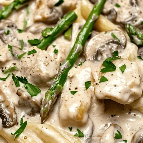 What sets this dish apart is its harmonious blend of ingredients. The succulent chicken breast complements the earthy notes of mushrooms and the crunchiness of fresh asparagus, creating a colorful and flavorful ensemble. Each bite offers a delightful mix of textures—from the creaminess of the sauce to the tenderness of the chicken and the crispness of the vegetables. It's a dish that makes you want to savor every forkful.