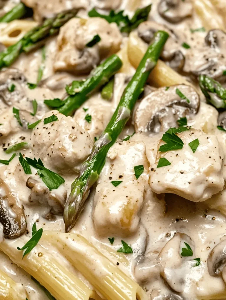What sets this dish apart is its harmonious blend of ingredients. The succulent chicken breast complements the earthy notes of mushrooms and the crunchiness of fresh asparagus, creating a colorful and flavorful ensemble. Each bite offers a delightful mix of textures—from the creaminess of the sauce to the tenderness of the chicken and the crispness of the vegetables. It's a dish that makes you want to savor every forkful.