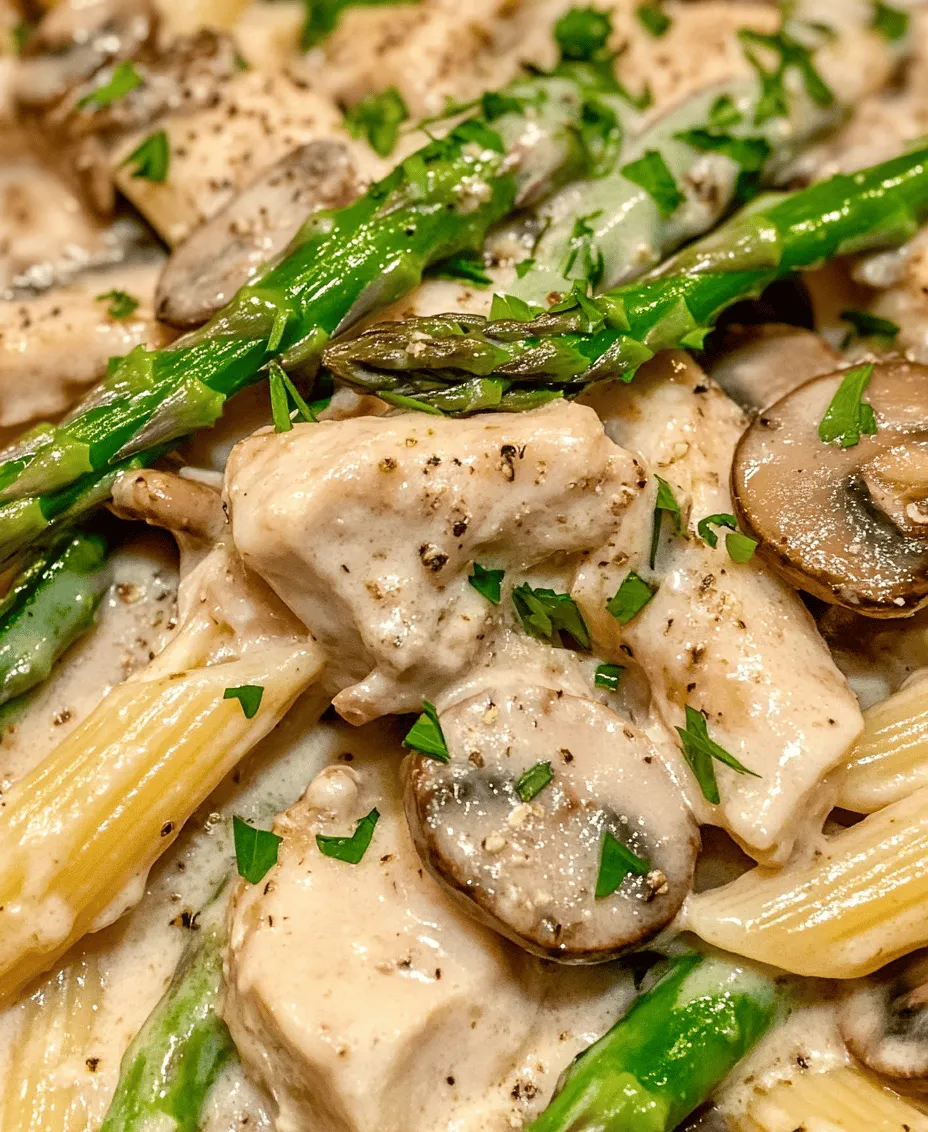 What sets this dish apart is its harmonious blend of ingredients. The succulent chicken breast complements the earthy notes of mushrooms and the crunchiness of fresh asparagus, creating a colorful and flavorful ensemble. Each bite offers a delightful mix of textures—from the creaminess of the sauce to the tenderness of the chicken and the crispness of the vegetables. It's a dish that makes you want to savor every forkful.