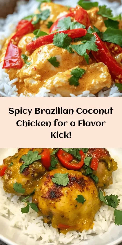 Discover the vibrant flavors of Brazil with this Spicy Brazilian Coconut Chicken! This recipe features tender chicken thighs marinated with aromatic spices and simmered in creamy coconut milk, fresh red chilies, and colorful bell peppers. Perfectly served over rice or quinoa, this dish is easy to make and bursting with flavor. Plus, it’s ready in just over an hour. Try it tonight for a delicious meal that brings a taste of Brazil to your kitchen!