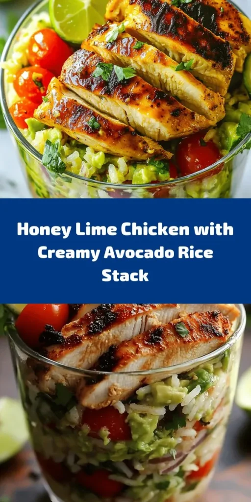 Elevate your dinner with this delicious Honey Lime Chicken & Avocado Rice Stack! This recipe features marinated chicken breasts cooked to perfection, layered with creamy avocado rice made from jasmine rice, and garnished with fresh cherry tomatoes, red onion, and cilantro. Perfect for a lively meal, it's a burst of flavors with honey, lime, and spices. Enjoy a colorful, nutritious dish that pleases everyone at the table! Prep takes just 15 minutes!