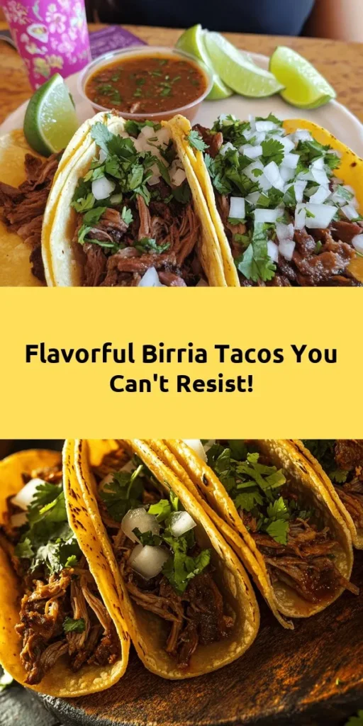 Indulge in the deliciousness of homemade Birria Tacos! This recipe features tender beef chuck roast and short ribs simmered in a rich, flavorful sauce made with dried chiles, spices, and beef broth. Perfectly complemented by warm corn tortillas and fresh toppings like cilantro, onions, and lime, these tacos are sure to impress! Dive into this savory dish, ideal for family gatherings or a cozy night in. Get ready to savor every bite!