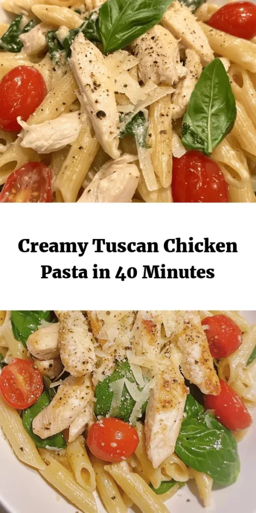 Savor the flavors of Italy with this easy Tuscan Chicken Pasta recipe! This creamy dish combines tender chicken, fresh spinach, and juicy cherry tomatoes, all tossed with penne pasta in a rich Parmesan sauce. Perfect for a weeknight dinner, it's ready in just 40 minutes and serves four. Enjoy a delightful meal that's both comforting and satisfying. Don't forget the fresh basil on top for that extra burst of flavor!