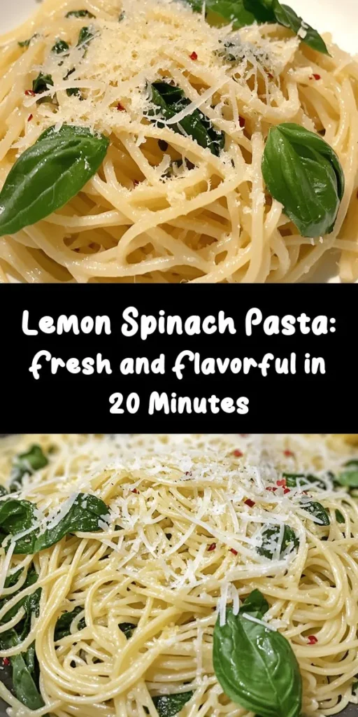 Whip up a vibrant and delicious Lemon Spinach Pasta in just 20 minutes! With fresh spinach, zesty lemon, and a hint of red pepper flakes, this quick dish is perfect for any night of the week. Tossed with spaghetti and topped with Parmesan cheese, it’s both satisfying and light. Ideal for a weeknight dinner or a special occasion, don't forget to garnish with fresh basil for an extra touch! Enjoy this easy recipe that’s packed with flavor!