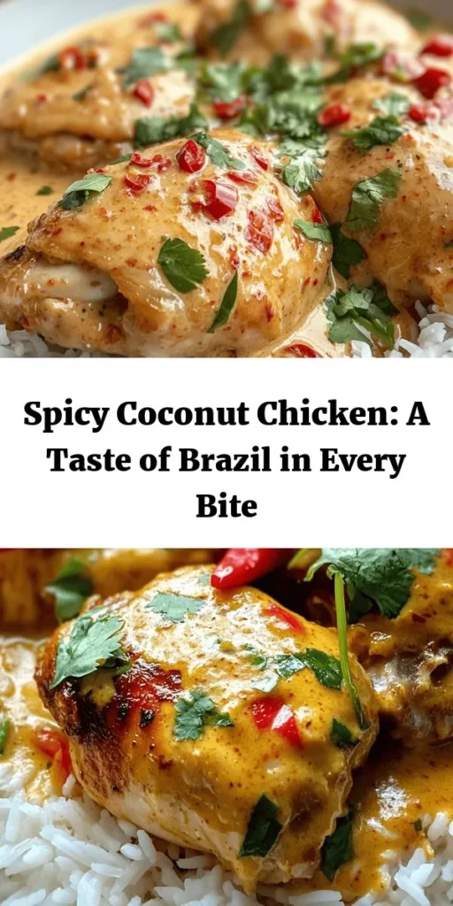 Discover the vibrant flavors of Brazil with this Spicy Brazilian Coconut Chicken recipe! Perfectly marinated chicken thighs simmer in a creamy coconut milk sauce, infused with garlic, onions, and a kick of red chili peppers. It’s simple to prepare and pairs beautifully with rice or quinoa. This dish is not only delicious but also a feast for the eyes! Garnish with fresh cilantro for an extra pop of flavor. Try it for dinner tonight!