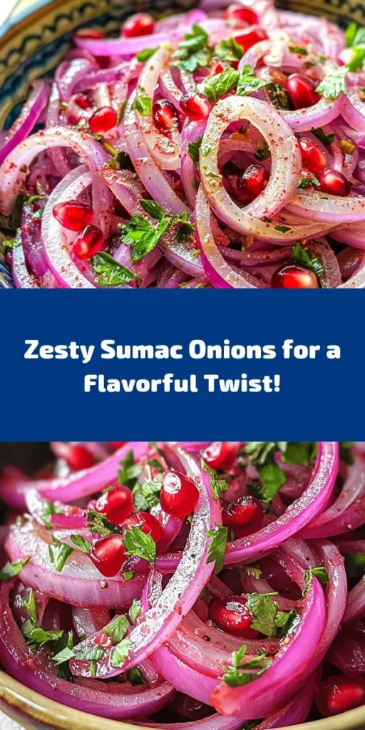 Brighten up your meals with this zesty sumac onions recipe! With just a few simple ingredients like red onions, olive oil, and the tangy taste of sumac, this dish is perfect as a side or topping. The bold flavors come together after a quick marinade, making it a delicious addition to salads, sandwiches, or wraps. Garnish with fresh parsley and pomegranate seeds for an extra touch of color and sweetness. Quick to prepare and bursting with flavor!