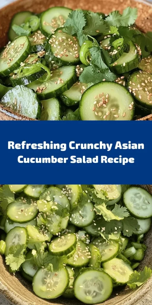 Discover the perfect balance of flavors with this Crunchy Asian Cucumber Salad! Made with fresh cucumbers, sesame oil, and a hint of chili, this salad is both refreshing and zesty. It's easy to whip up in just 25 minutes and makes a great side dish for any meal. Toss together cucumbers, tangy dressing, and top with toasted sesame seeds and green onions for a delightful crunch. Chill for a bit, and enjoy this tasty addition to your table!