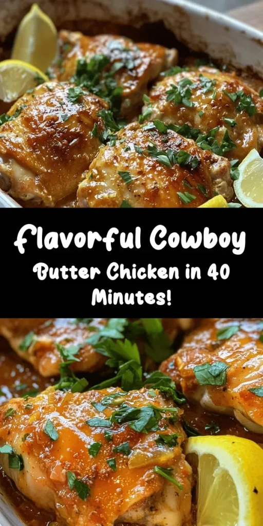 Discover the irresistible Easy Cowboy Butter Chicken! This mouthwatering dish features tender chicken thighs coated in a rich, flavorful butter sauce made with garlic, smoked paprika, and a hint of spice. Perfectly baked to perfection, it makes a fantastic weeknight dinner that the whole family will love. Serve it with your favorite sides like rice or salad and watch everyone dig in! With just 10 minutes of prep, this dish is as simple as it is delicious!