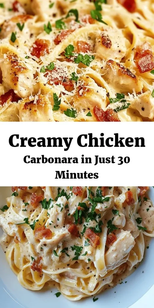 Elevate your dinner game with this Best-Ever Chicken Carbonara recipe! This dish combines tender chicken, crispy pancetta, and perfectly cooked pasta, all enveloped in a creamy sauce made from eggs and Pecorino Romano cheese. It's quick to prepare, taking only 30 minutes from start to finish, and serves four. Garnish with fresh parsley and extra cheese for a delightful finishing touch. Perfect for a cozy night in or impressing guests!