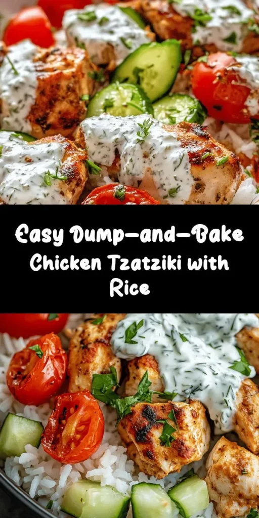 Discover the deliciousness of this Dump-and-Bake Chicken Tzatziki with Rice recipe! Perfect for busy weeknights, this one-dish meal features tender chicken, flavorful basmati rice, and a creamy tzatziki sauce made with Greek yogurt, fresh cucumber, and zesty lemon. Easy to prepare and ready in just an hour, it's served with cherry tomatoes and topped with fresh parsley. Enjoy this tasty Mediterranean-inspired dish with pita bread for a complete meal!