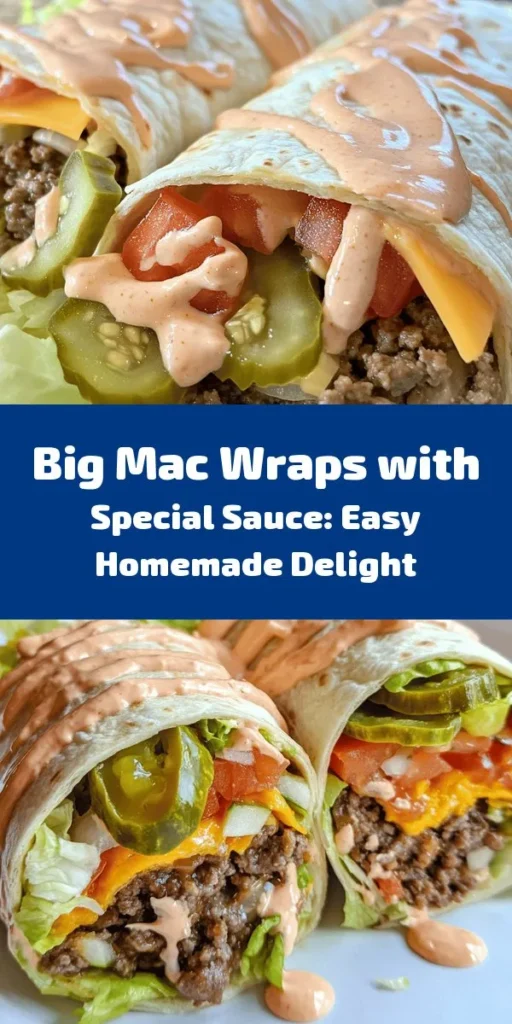 Indulge in the ultimate comfort food with these homemade Big Mac wraps! Juicy ground beef seasoned to perfection, crisp lettuce, juicy tomatoes, and a melty mix of cheese, all wrapped in a warm tortilla. Complete with a creamy special sauce that takes it to the next level, this easy recipe is perfect for lunch or dinner. Grill them for a crispy finish, or enjoy them fresh! Serve with extra sauce for dipping and savor every bite!