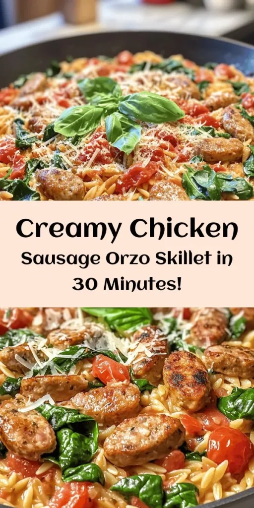 Whip up this creamy chicken sausage orzo skillet for a comforting meal that's ready in just 30 minutes! This one-pan dish combines savory chicken sausage, tender orzo pasta, and a burst of flavors from tomatoes and spinach, all enveloped in a rich, creamy sauce. Perfectly seasoned with Italian herbs and topped with Parmesan cheese, it’s a delicious way to satisfy your family or dinner guests. Enjoy a hearty bowl of goodness tonight!