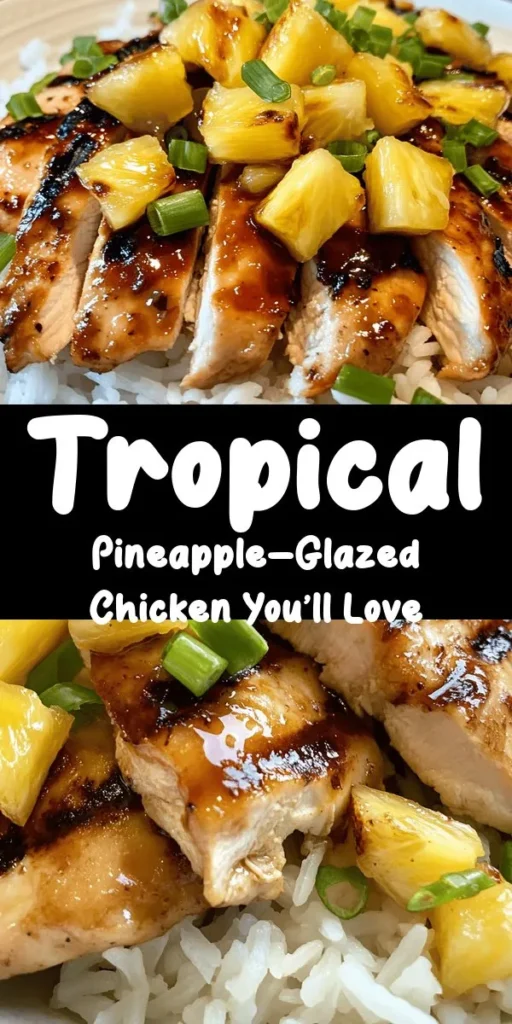 Indulge in a taste of the tropics with this delicious Tropical Pineapple-Glazed Chicken recipe! Perfect for a quick weeknight dinner, this dish features marinated chicken breasts grilled or baked to perfection, topped with a sweet and tangy pineapple glaze. Serve it over fluffy jasmine rice and garnish with fresh pineapple and green onions for a burst of flavor and color. Easy to prepare, this meal will surely impress family and friends!