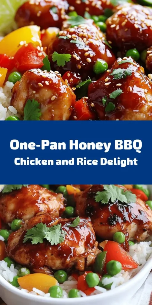 Discover the perfect one-pan meal with this delicious Honey BBQ Chicken Rice recipe! Juicy chicken thighs are marinated in a sweet and tangy BBQ sauce, combined with fluffy jasmine rice, vibrant bell peppers, and sweet peas for a complete dinner. This easy recipe comes together in just one skillet, making cleanup a breeze. Garnish with fresh cilantro and serve with a lime wedge for a burst of flavor. Perfect for busy weeknights or gatherings!