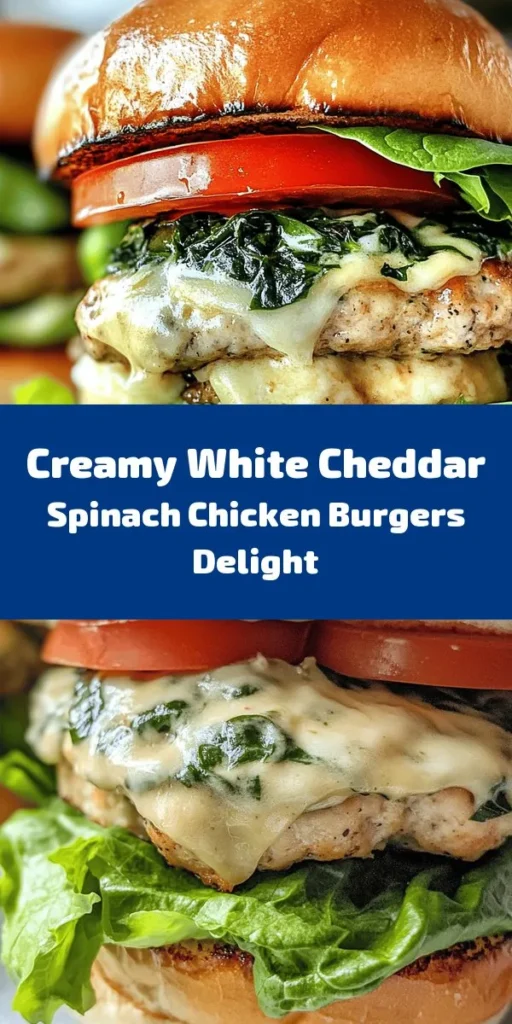 Discover the deliciousness of Creamy White Cheddar and Spinach Chicken Burgers! This easy recipe combines ground chicken with fresh spinach and melty white cheddar for a juicy, flavorful patty. Serve on toasted buns with your favorite toppings like lettuce, tomato, and avocado. Perfect for a quick weeknight dinner or a weekend BBQ, these burgers are sure to impress. Get ready to elevate your burger game with this cheesy delight!