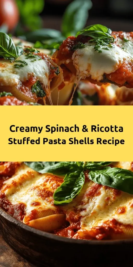 Indulge in a comforting dish with these Spinach & Ricotta Delightful Shells! Jumbo pasta shells are filled with a creamy blend of ricotta, fresh spinach, and herbs, then bathed in rich marinara sauce and topped with gooey mozzarella. Perfect for family dinners or special occasions, this easy recipe comes together in under an hour. Add a sprinkle of fresh basil before serving for a touch of elegance. Your taste buds will thank you!