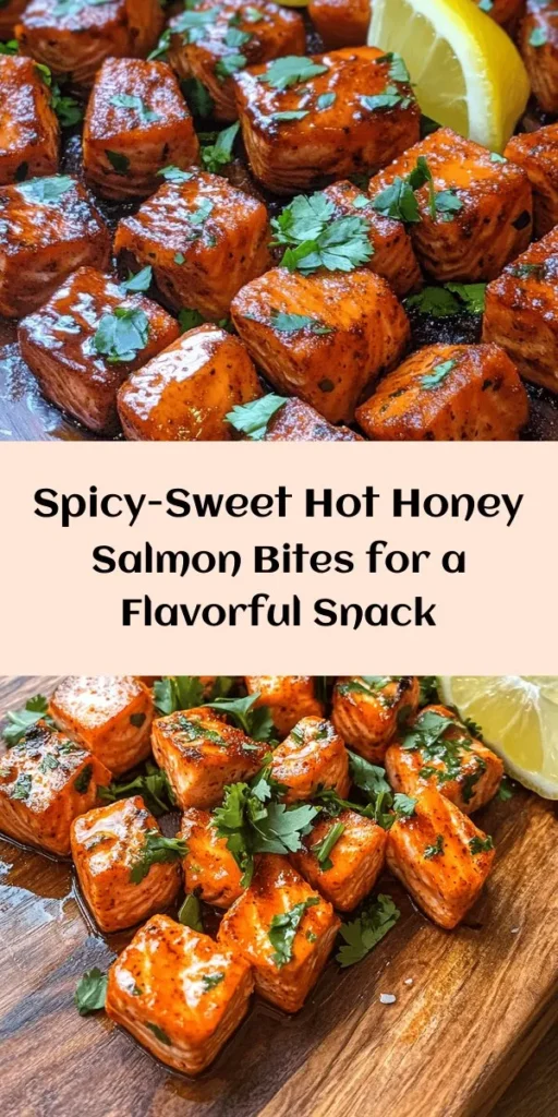 Discover the perfect blend of heat and sweetness with these Spicy-Sweet Hot Honey Salmon Bites! Ideal for a quick appetizer or a light meal, these bite-sized delights are marinated in a delicious mixture of hot honey, soy sauce, and spices, then grilled to perfection. Garnished with fresh cilantro and served with lemon wedges, they're bursting with flavor and sure to impress. Get ready to elevate your seafood game with this vibrant recipe!