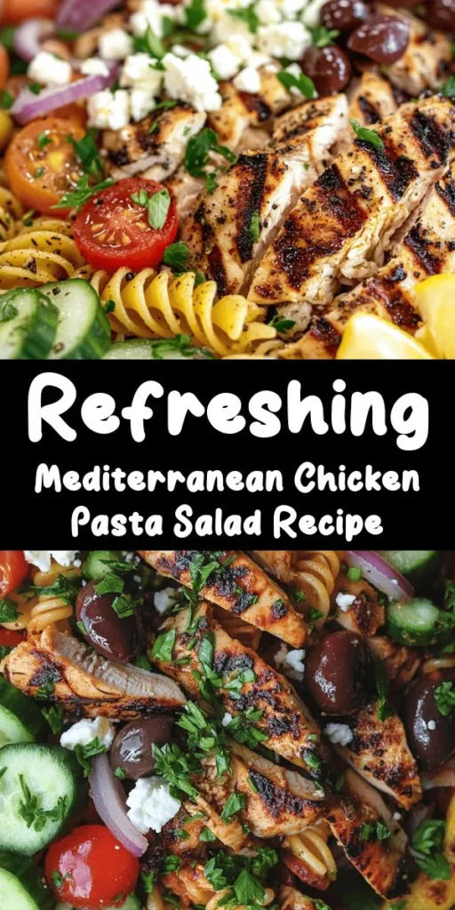 Looking for a refreshing dish that's perfect for lunch or a summer gathering? Try this Mediterranean Chicken Pasta Salad! Packed with grilled chicken, vibrant veggies like cherry tomatoes and cucumber, and a sprinkle of feta, it’s bursting with flavor. Toss it all together with a zesty dressing and let it chill for a deliciously satisfying meal. Serve with lemon wedges for an added citrus kick. A breeze to make, this salad is sure to impress!