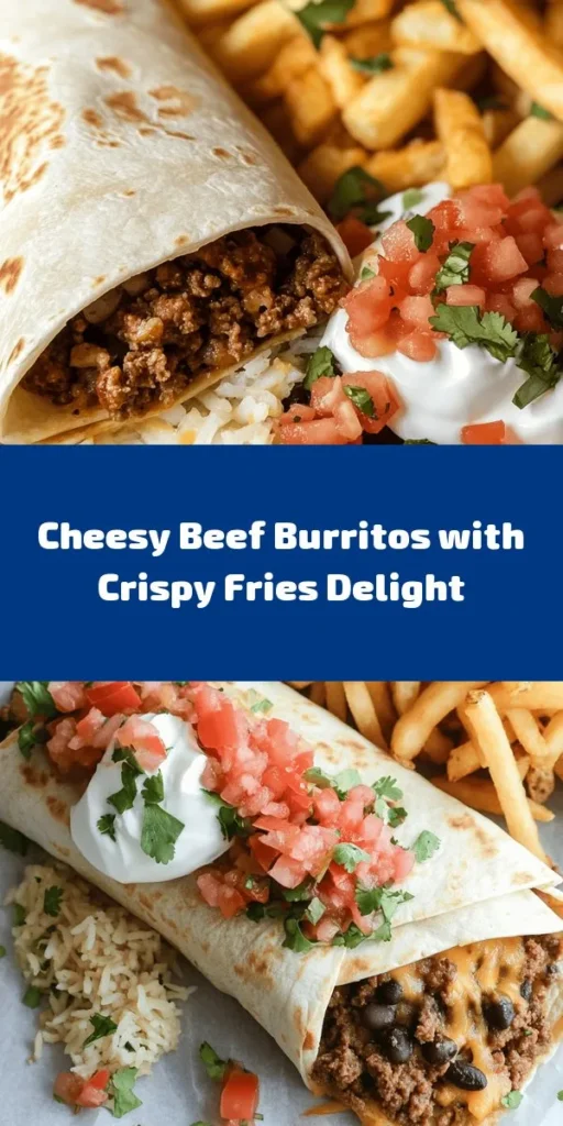 Indulge in these cheesy beef burritos with crispy fries that are perfect for any meal! Packed with seasoned ground beef, two types of cheese, black beans, and pico de gallo, these burritos are full of flavor. Simply bake some crispy fries for the perfect side. This easy recipe takes just 50 minutes and serves four, making it ideal for family dinners or gatherings. Don't forget a dollop of sour cream on top for the ultimate taste experience!