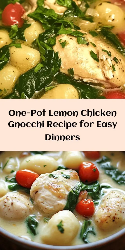 Looking for a delicious and easy dinner idea? Try this One-Pot Lemon Chicken Gnocchi Delight! This recipe features tender chicken thighs sautéed with garlic and herbs, combined with creamy broth and fluffy gnocchi. Toss in fresh spinach and cherry tomatoes for a burst of flavor and color. Ready in just 30 minutes, it's perfect for weeknight meals. Top with parsley and Parmesan for an extra touch! Don't miss out on this tasty comfort food.