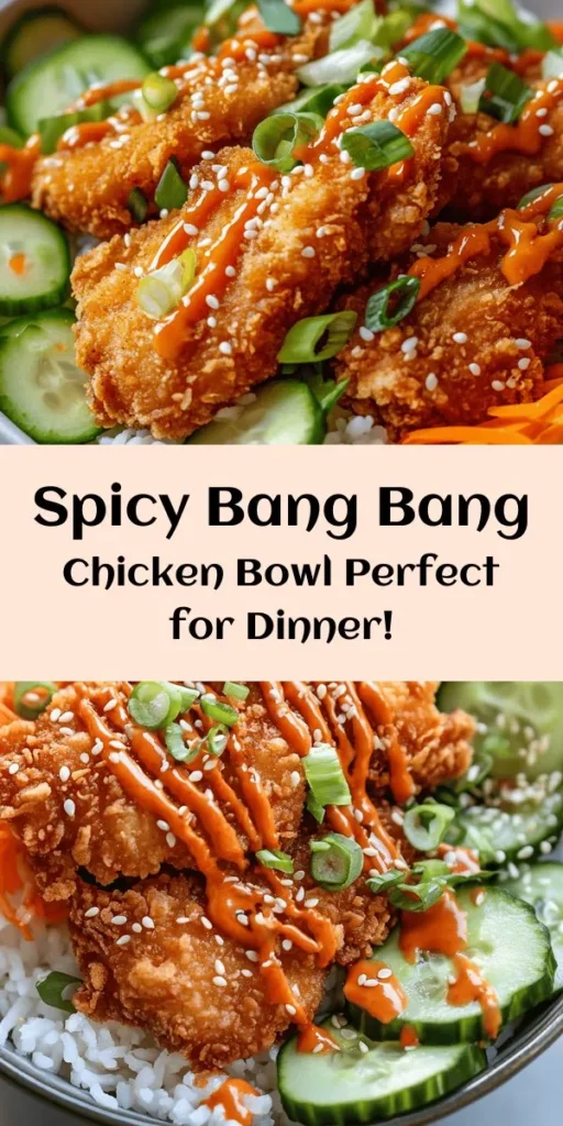 Indulge in this delicious Bang Bang Chicken Bowl that combines crispy fried chicken with fresh veggies and aromatic jasmine rice. Perfectly marinated and breaded, the succulent chicken is fried to golden perfection and drizzled with a creamy, spicy Bang Bang sauce. With layers of shredded lettuce, diced cucumbers, and carrots, this bowl is both satisfying and full of flavor. Easy to make, it’s ideal for weeknight dinners or meal prep! Enjoy this tasty dish that's sure to impress!