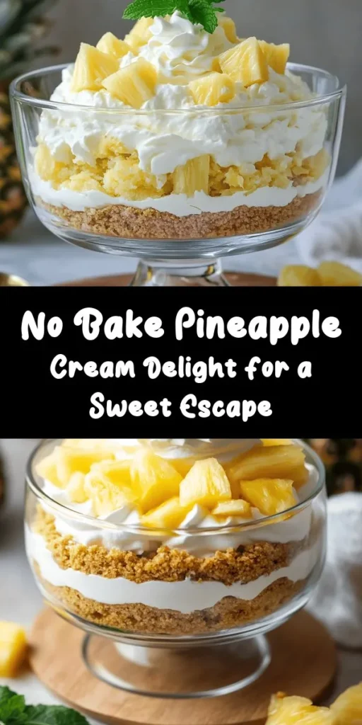 Indulge in this delightful No Bake Pineapple Cream Dessert that brings a taste of the tropics to your table! Perfect for warm days, this layered treat features a buttery graham cracker crust, creamy pineapple-infused filling, and fluffy whipped cream. It's super easy to make—just mix, fold, and chill! Garnish with fresh pineapple and mint for an added touch. A delicious, refreshing dessert that will impress your guests!