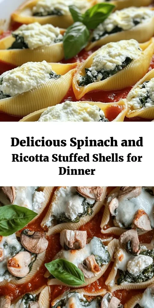 Whip up a delightful dinner with these Easy Spinach and Ricotta Stuffed Shells! Perfect for a healthy veggie meal, this recipe features large pasta shells filled with a creamy ricotta and spinach mixture, topped with marinara sauce and gooey mozzarella cheese. Simply bake until bubbly and golden for a comforting dish that's both tasty and nutritious. Serve with fresh basil for an extra touch! A delicious meal ready in under an hour!